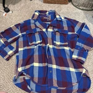 We the Free Blue and Burgundy Plaid Button-Up Flannel Shirt